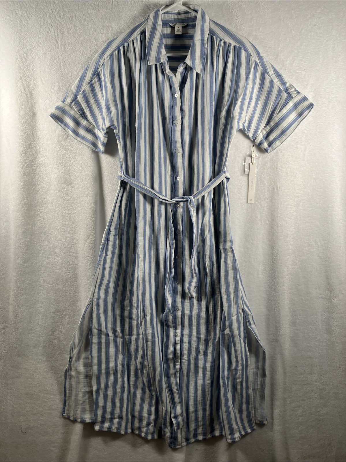 Caslon Stripe Shirt Dress Womens Medium Blue White Belted Coastal Midi NWT