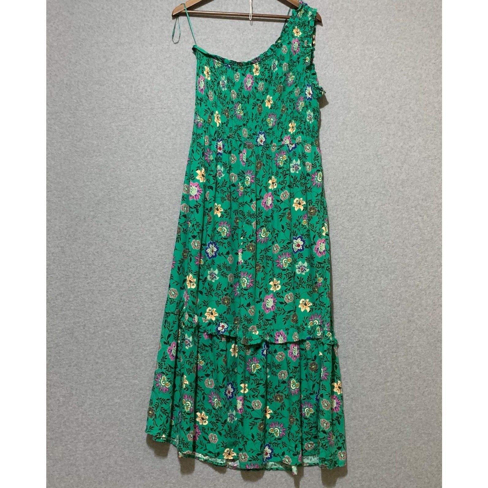 NWT Knox Rose One Shoulder Teal Floral Maxi Dress 100% Rayon SzL Romantic Boho
