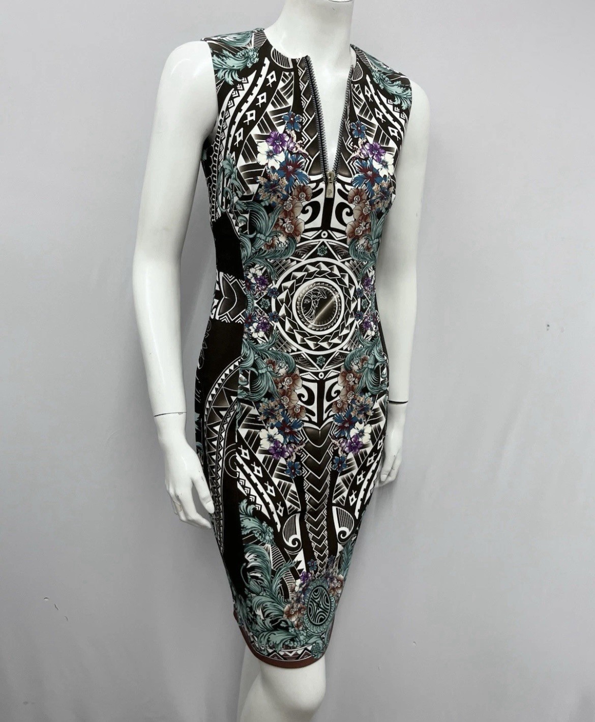 Versace Collection Dress Printed With Medusa Head Brown Green Sexy