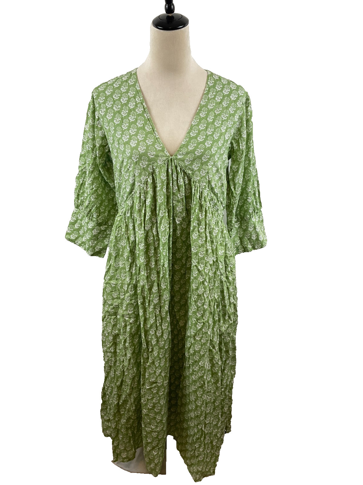 Livro Dress M Green White Floral V-Neck Long 3/4 Sleeve Pockets Pintuck Pleats