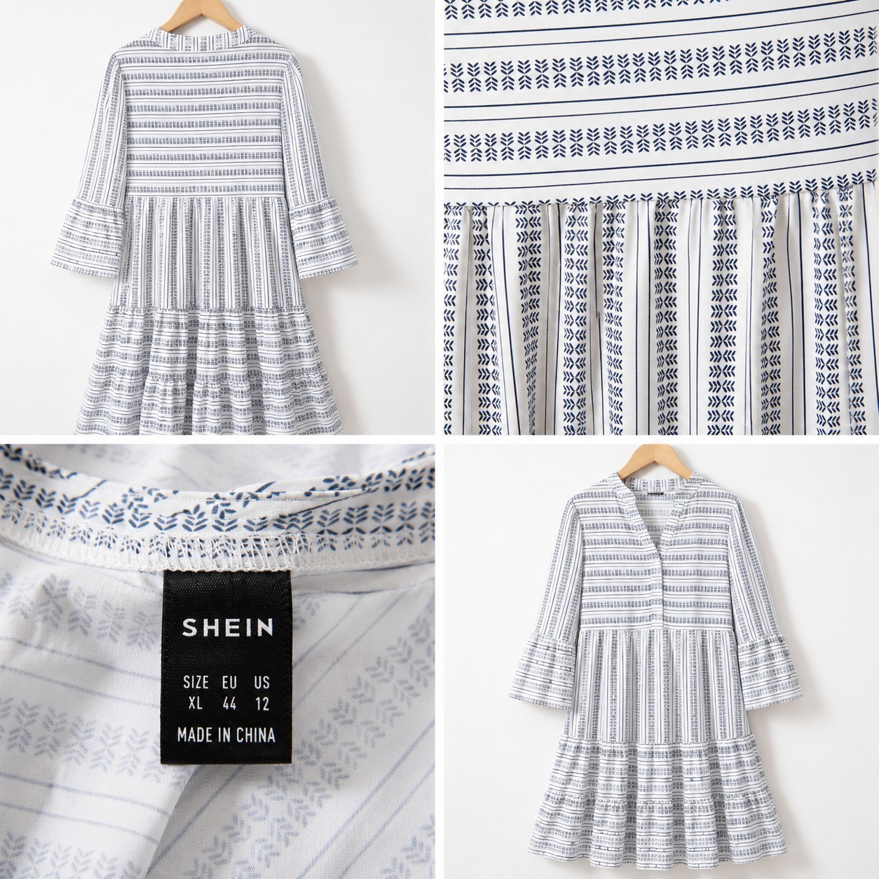 SHEIN Women’s XL White Blue Stripe Tiered Midi Dress Bell Sleeve Boho Cottage