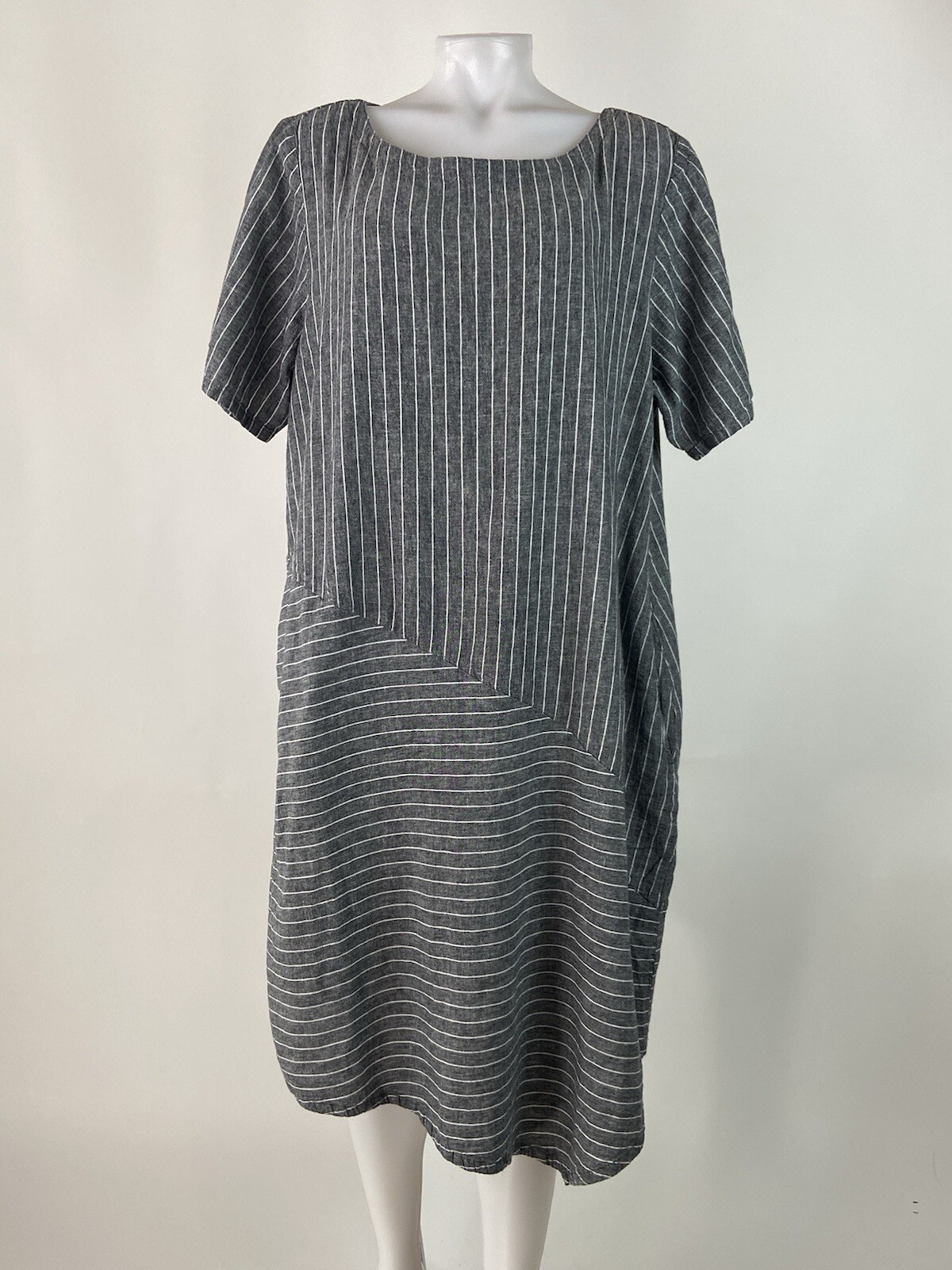 Lisa Bayne XLarge Striped Cotton Linen Midi Dress Lagenlook Pockets Asymmetrical