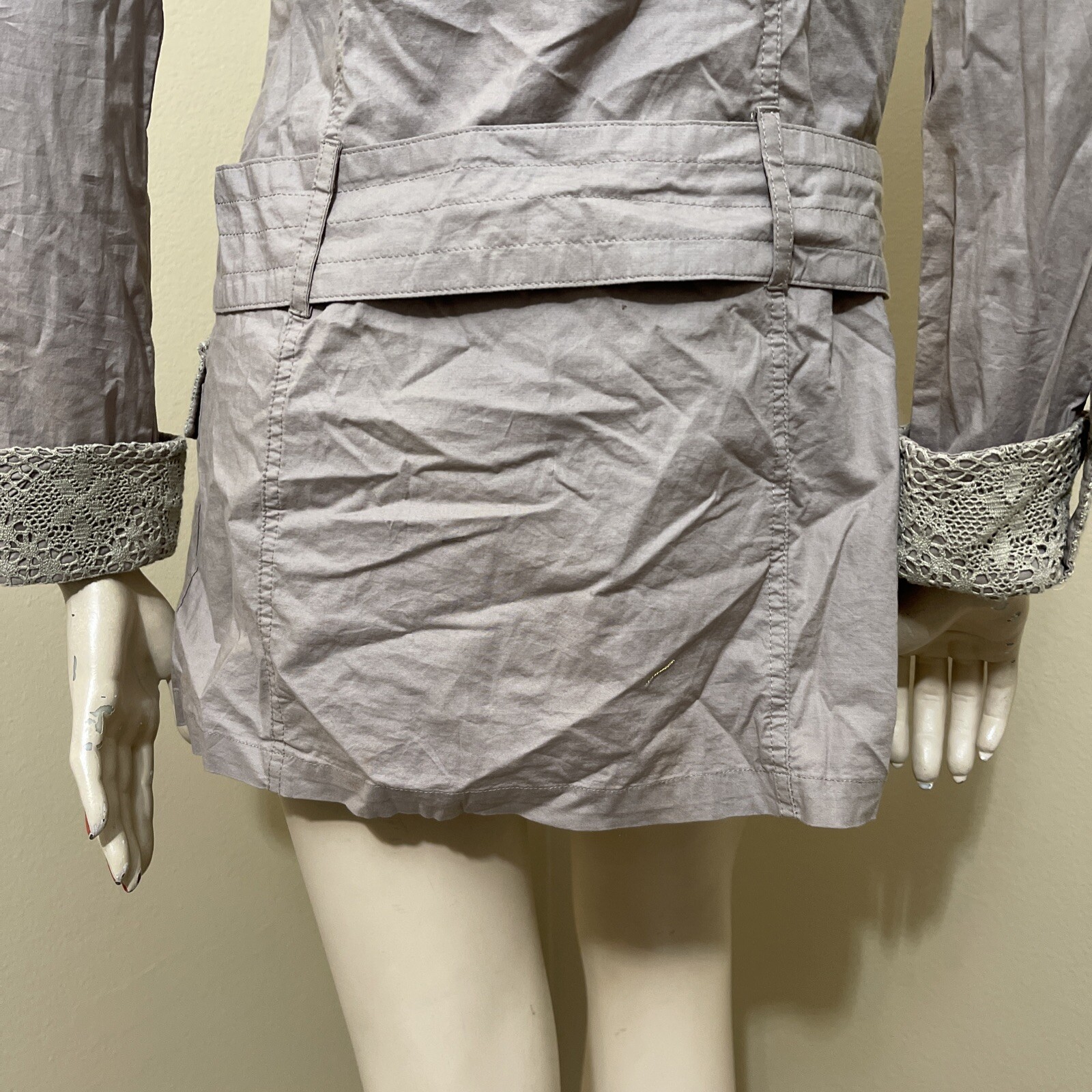 Women’s Beige Cotton Casual Collared Belted Lace Pickets Size S Button-up Dress