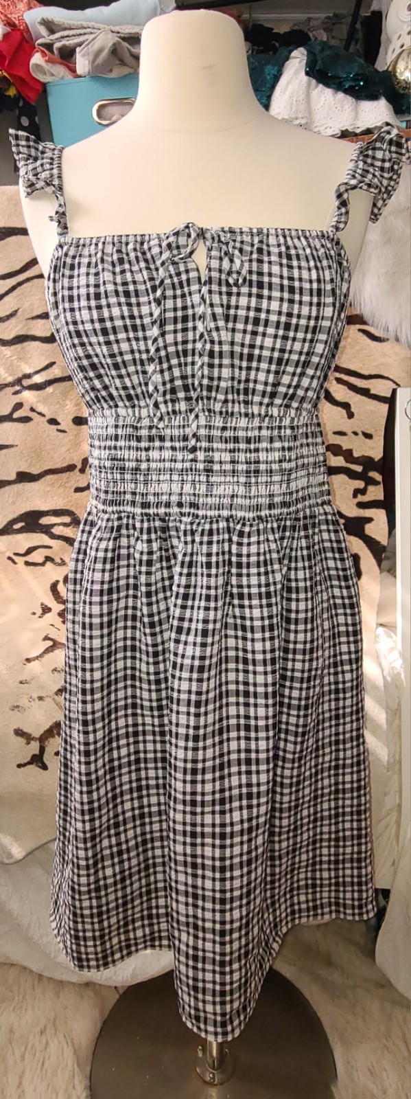 NWT Wayf Smocked Waist Sz M Gingham Dress Black White Lined Boho Fests Concert