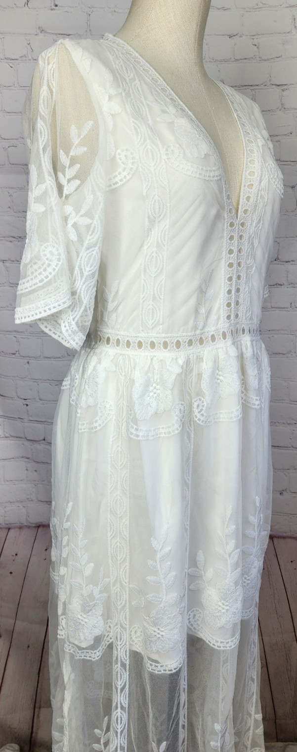 Boho Dress Romantic Sheer Lace Lined Side Slits Wedding Hippie Coquette Size S