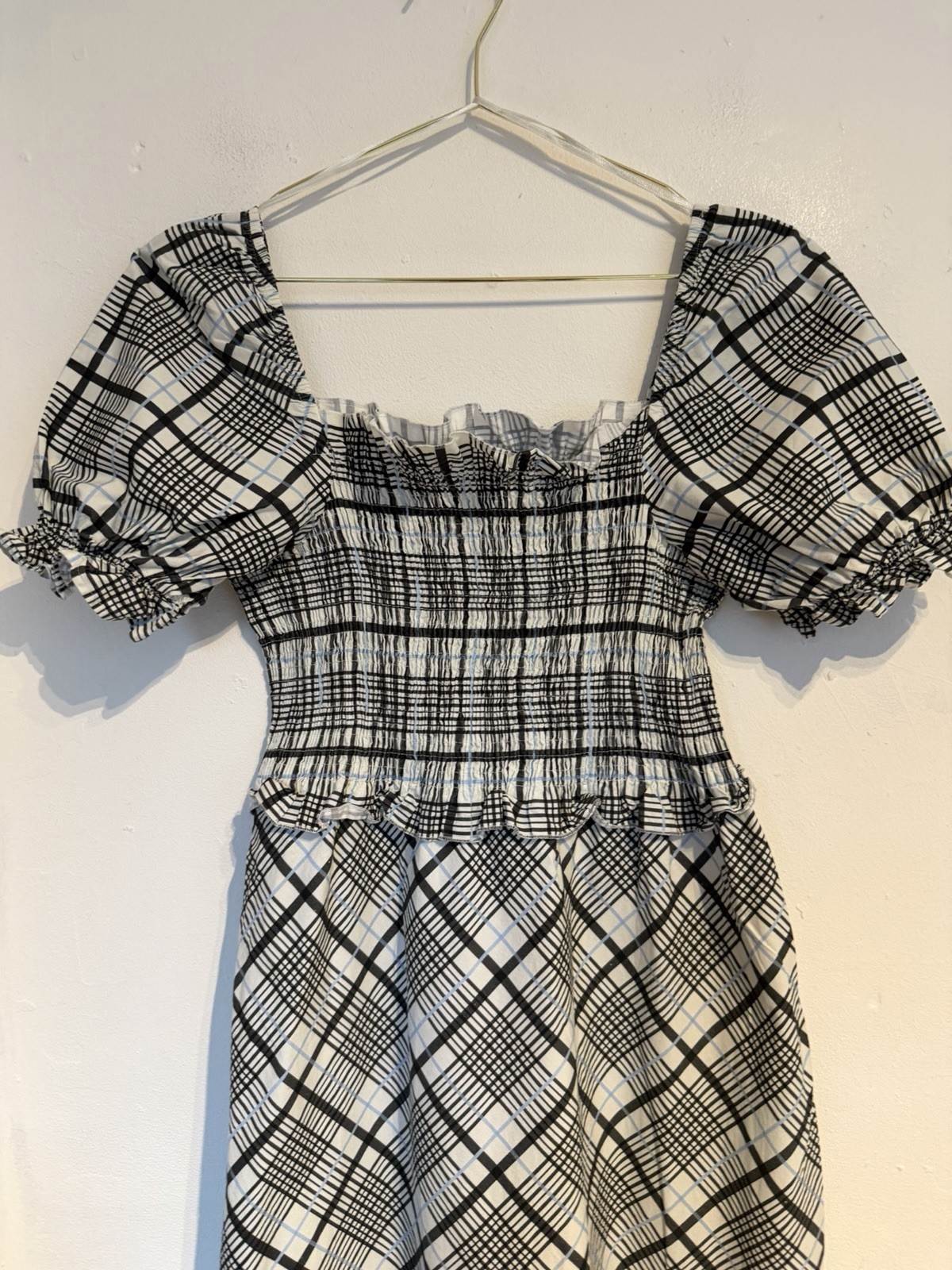Topshop Maxi Milkmaid Style Smocked Dress Size 12 white blue black checkered