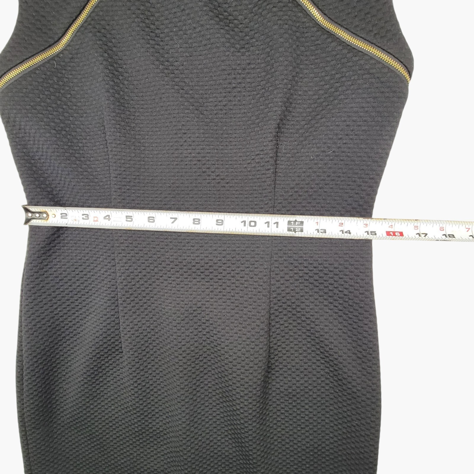 Calvin Klein Black Sheath Dress with Textured Fabric and Gold Zipper Accents