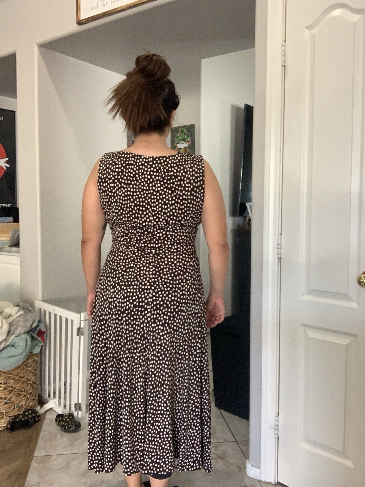 Perceptions Fit and Flare Sleeveless Dress Womens size 12 Brown Polka Dot 90s