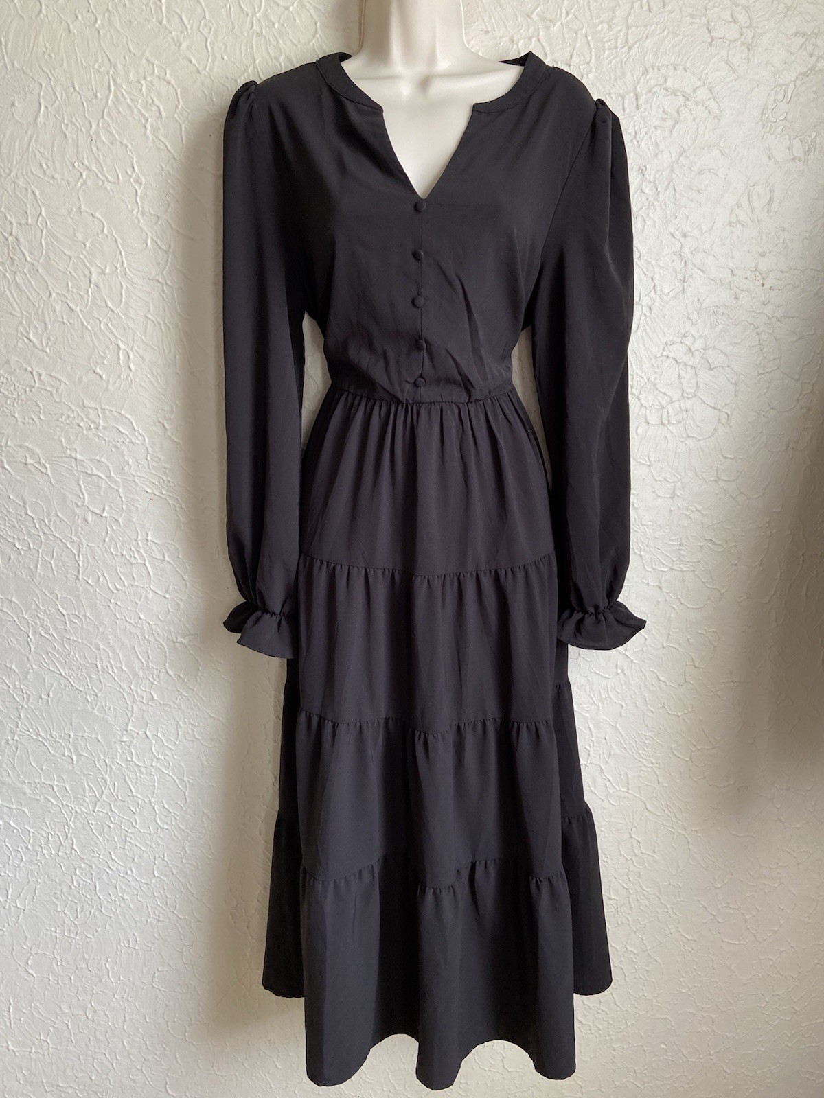 Pretty Garden Black Gothic Long Sleeve Tiered Maxi Dress Sz L Peasant Witchy