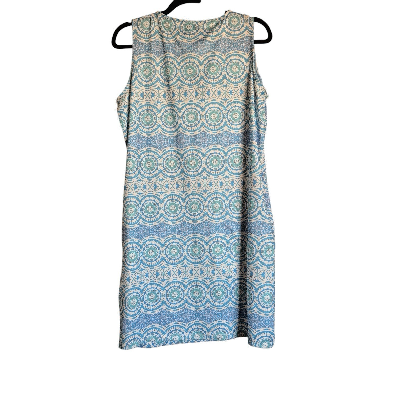 Caribbean Joe Blue Medallion Print Lattice Neck Sleeveless Shift Dress Pockets M