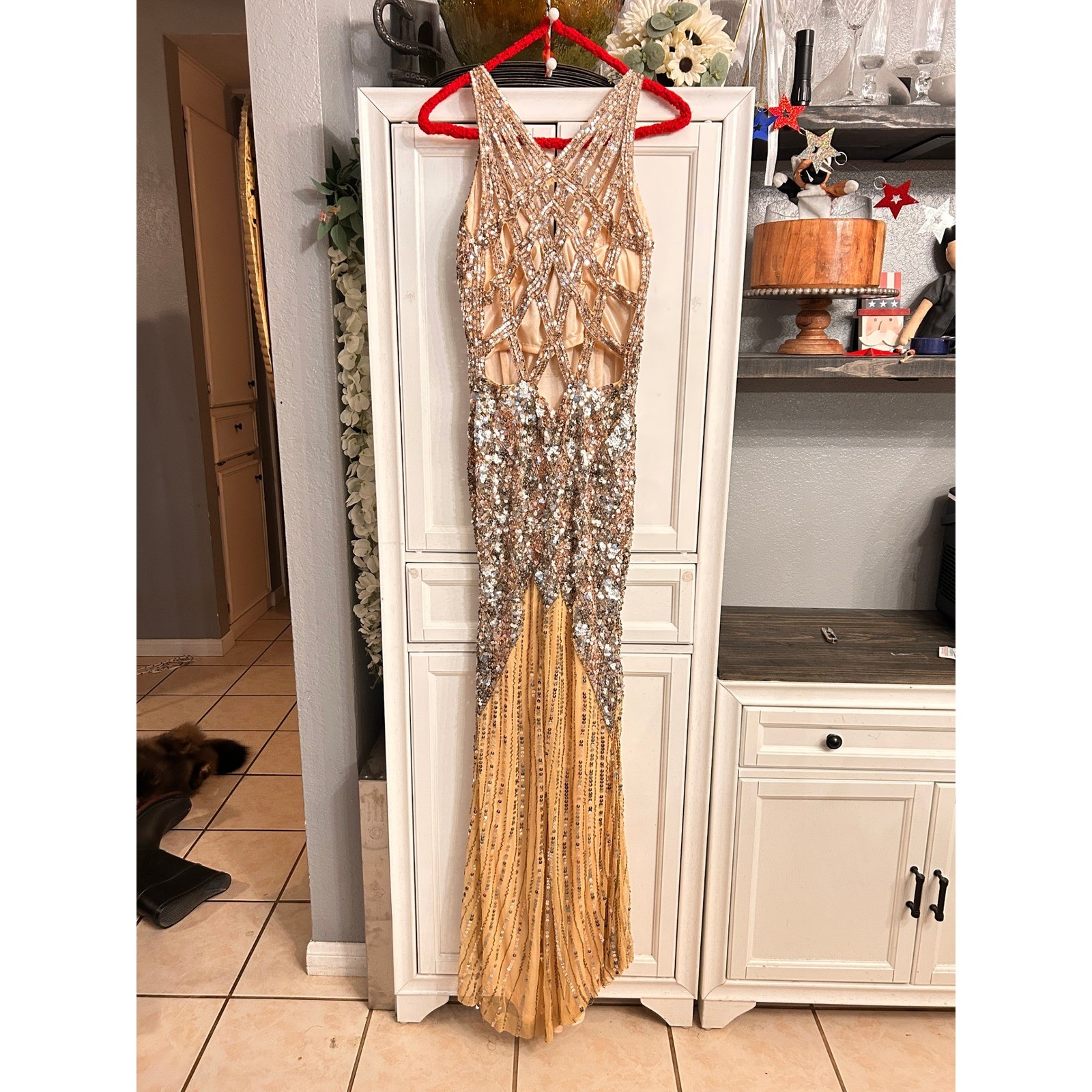 Gold Silver Sequin Formal Gown High Slit Maxi Dress MEDIUM Holiday Prom Party