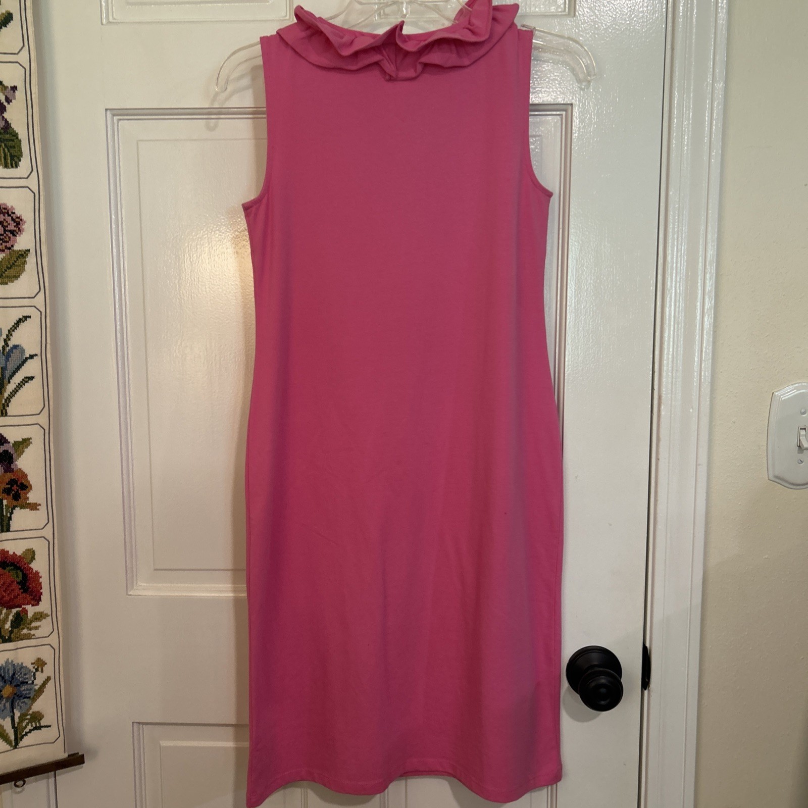 Talbots Sleeveless Ruffle V-Neck Shift Dress- Fuchsia- Size: P