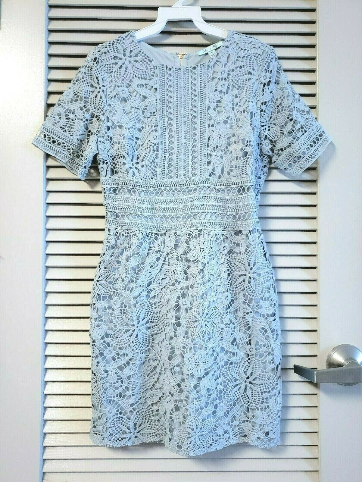 She + Sky Women Crochet Lace Lined Dress, Short Sleeve, Size L, Light Blue