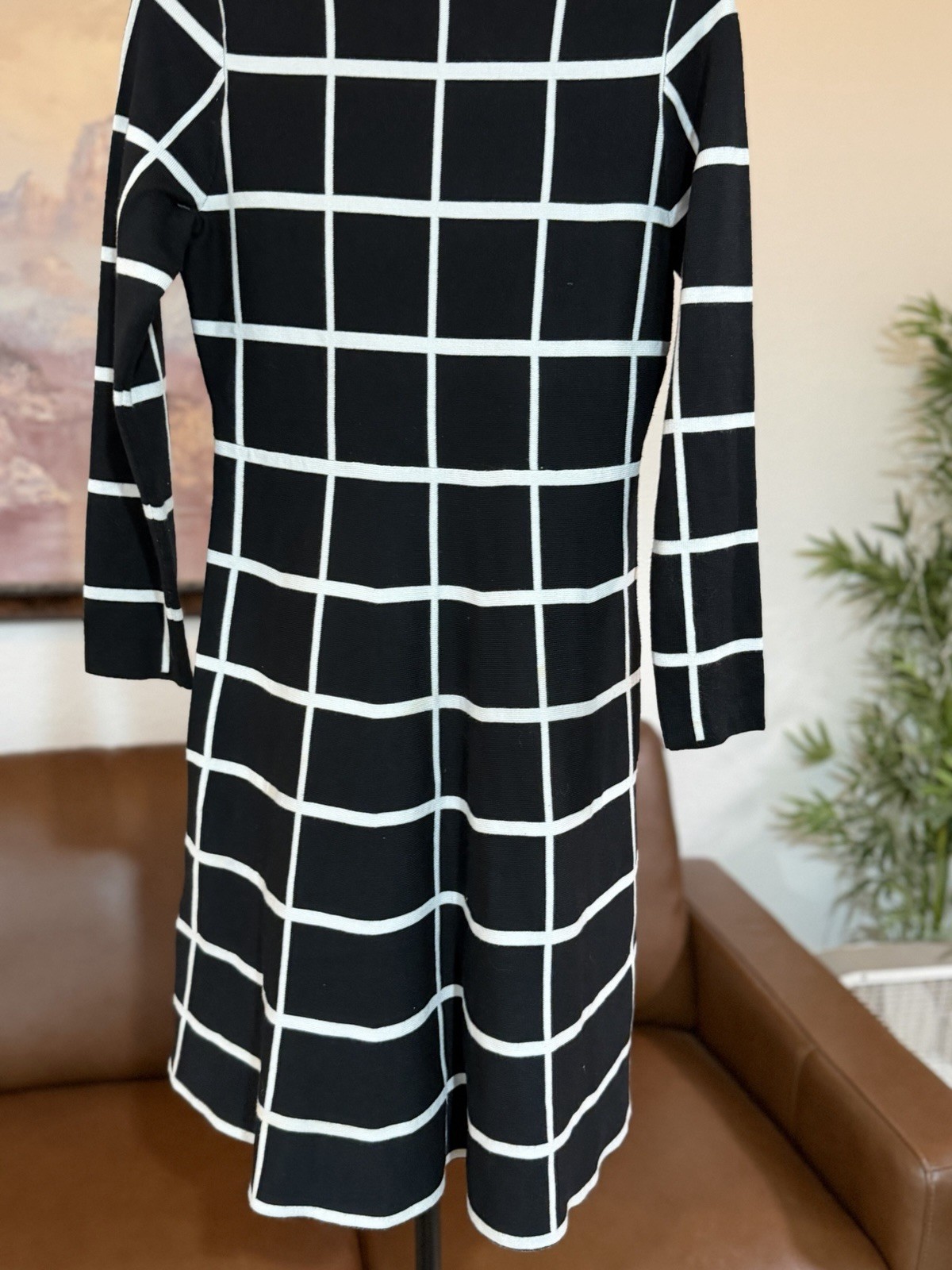 Luxace Lane Black/White Check Round Neck Knit A-Line Knee Dress Long Sleeve M