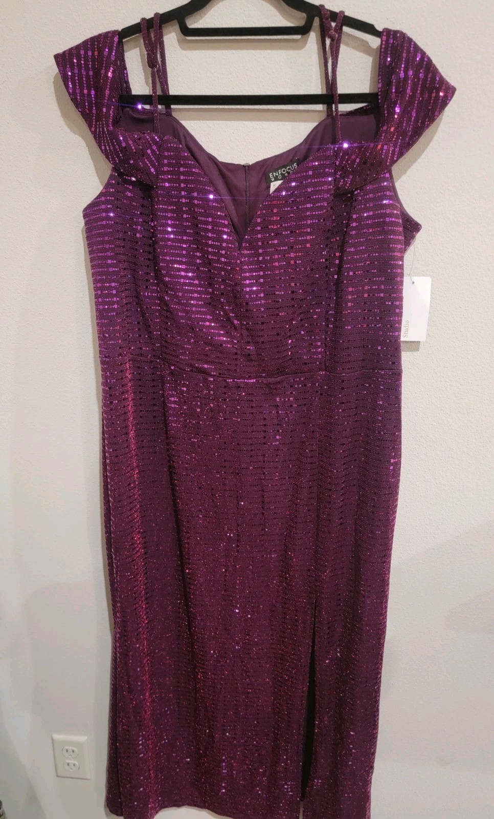 En Focus Studio Off Shoulder Purple Sequin Maxi Dress With Slit Size 20W NWT