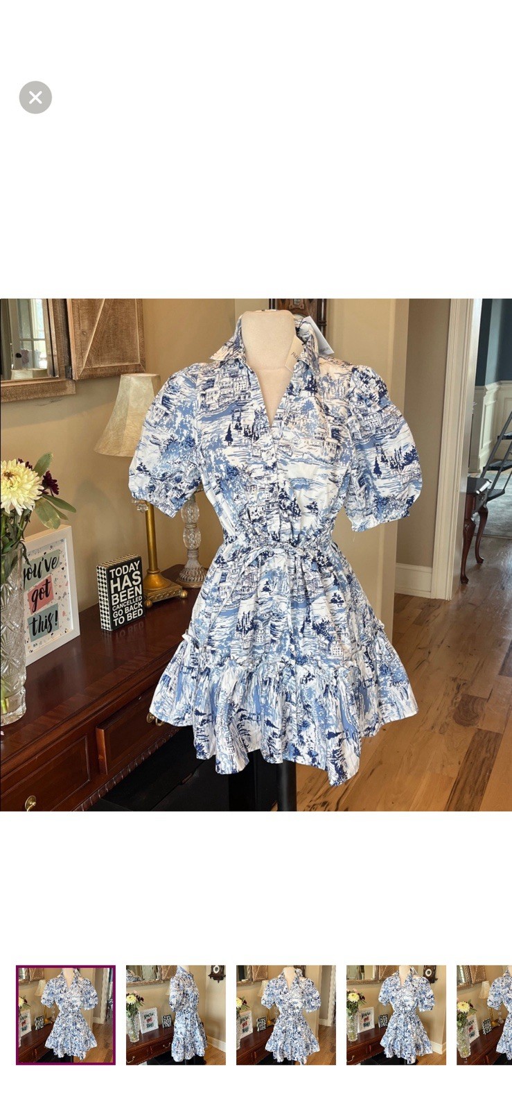 Sugarlips White Blue Etchings Collared Puff Sleeve Mini Ruffle Hem Puff Sleeve