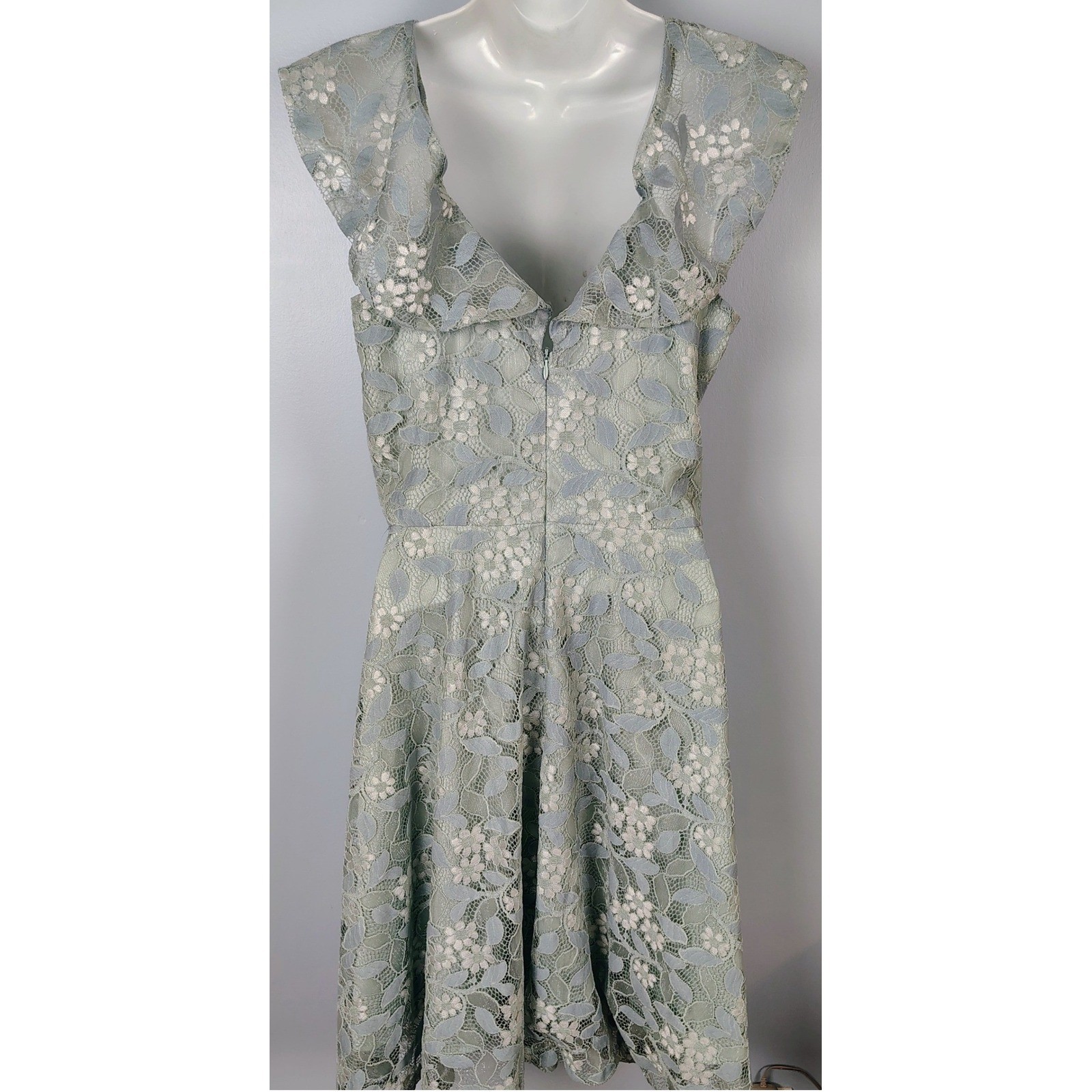 Sage Green Floral Lace Ruffle Cold Shoulder Fit and Flare Dress Med peasent