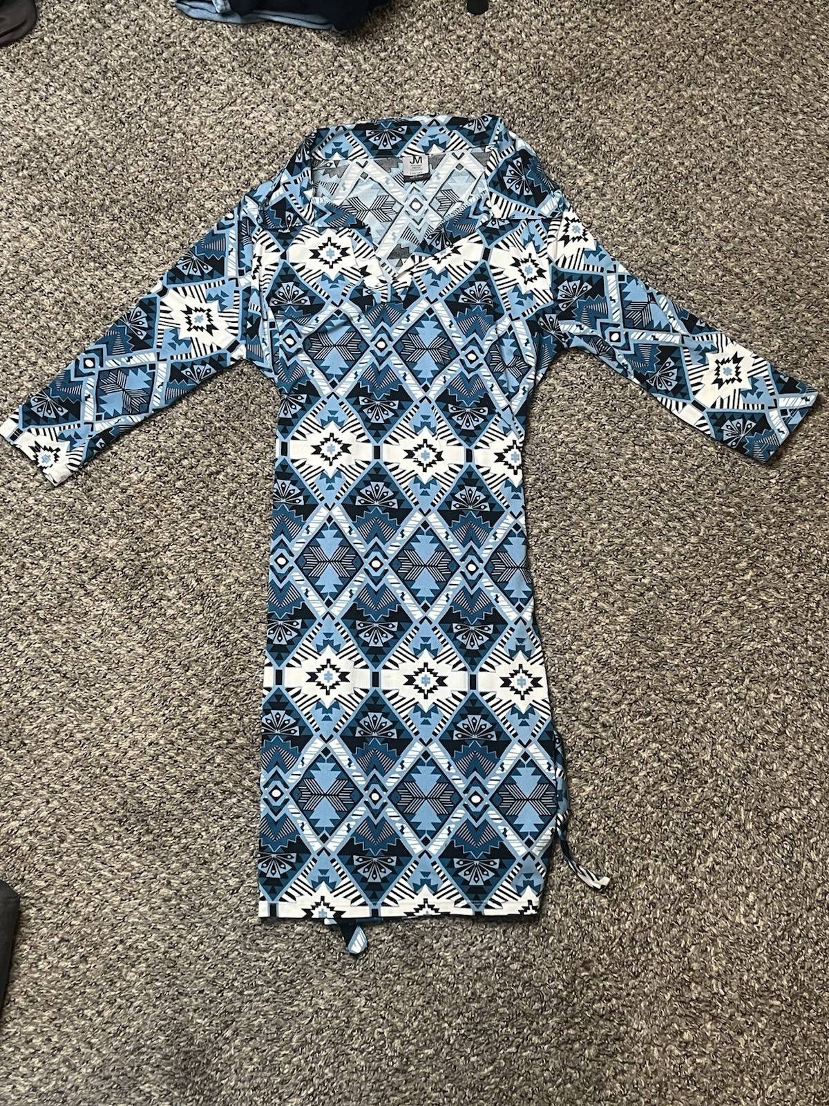 Jonathan Martin blue and white diamond pattern dress with tie waist, size large