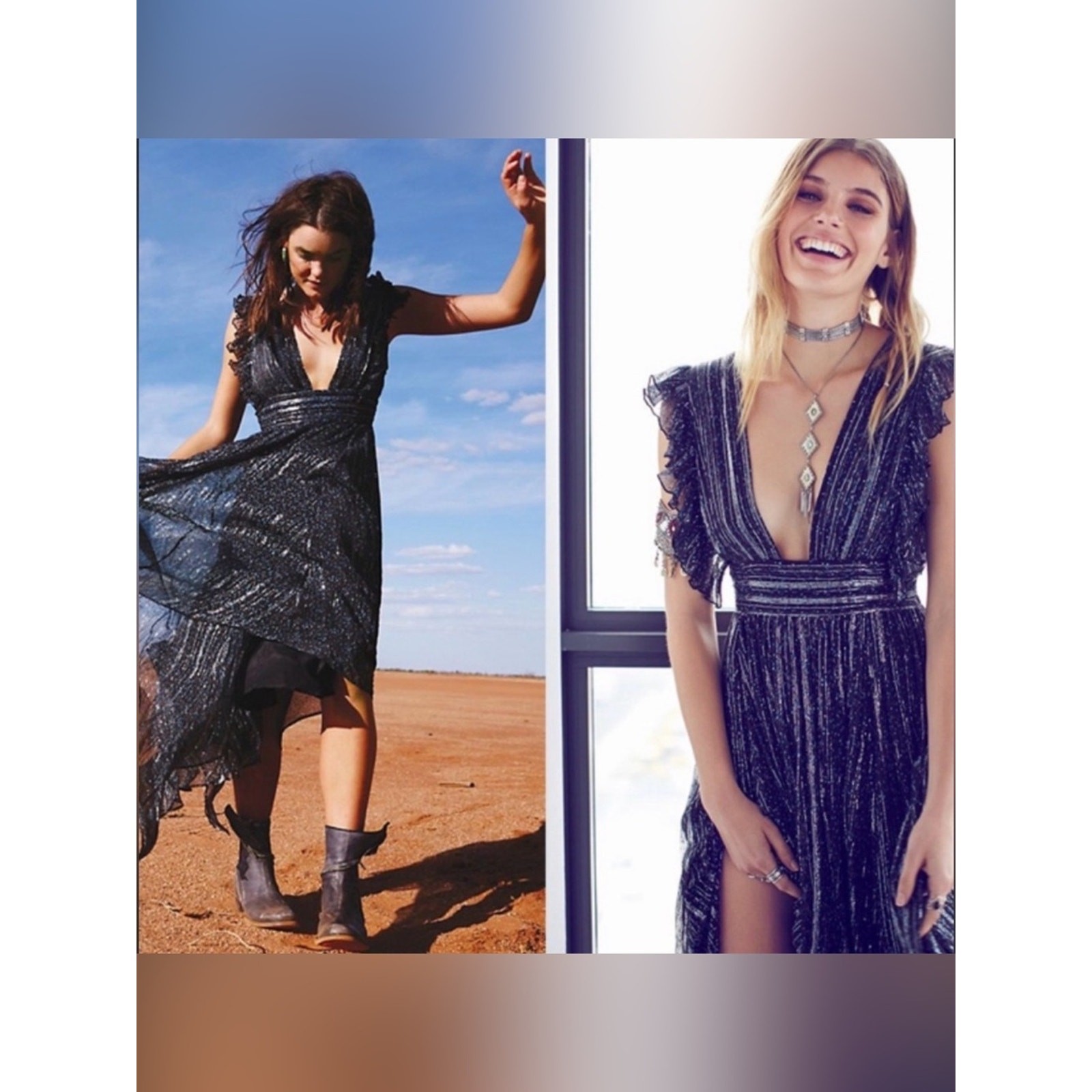 Free People My Antonia Maxi Dress Blue Metallic Speckled Ruffle Plunge Dress