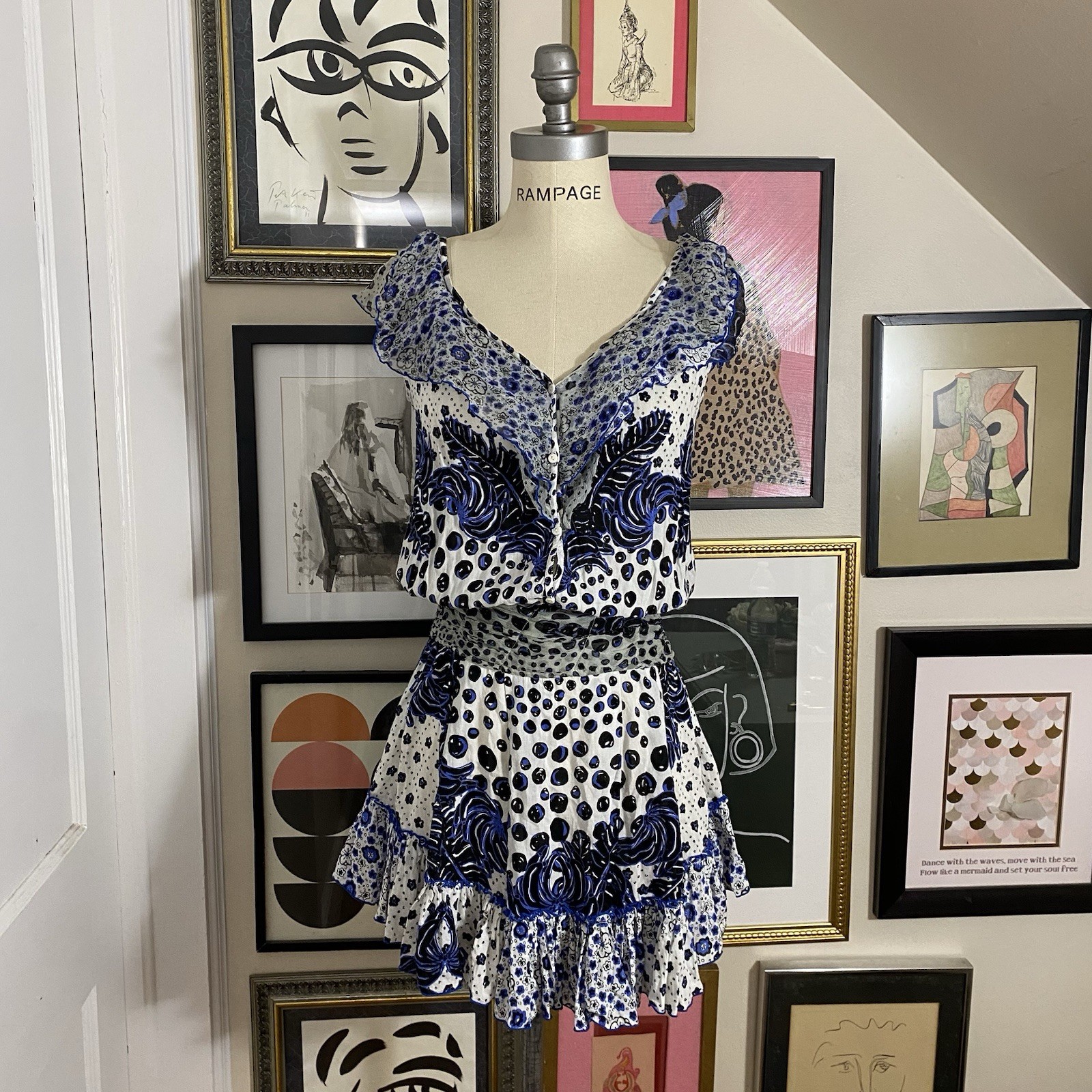 Poupette St Barth Women Blue Ruffle Boho Tiered V Neck Beline Mini Dress Sz XS
