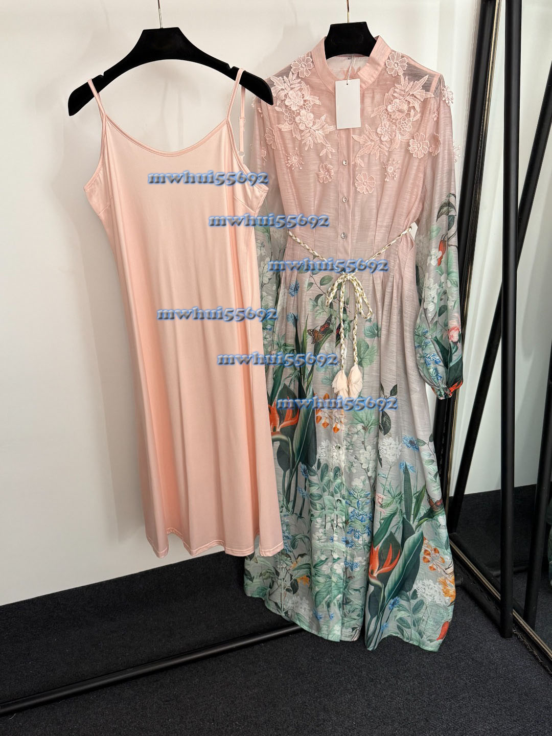 lace embroidery pink-green color matching flower temperament long-sleeved dress