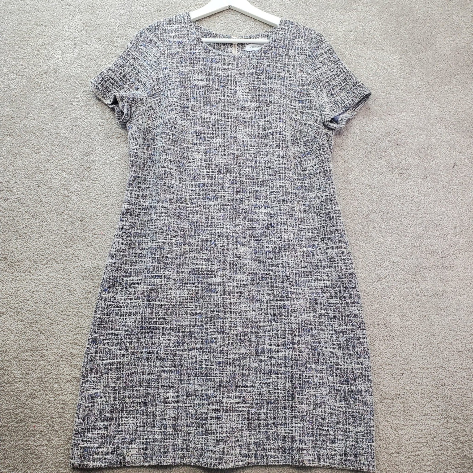Calvin Klein Shift Dress Women 14 Multicolor Tweed Stretch Short Sleeve Back Zip