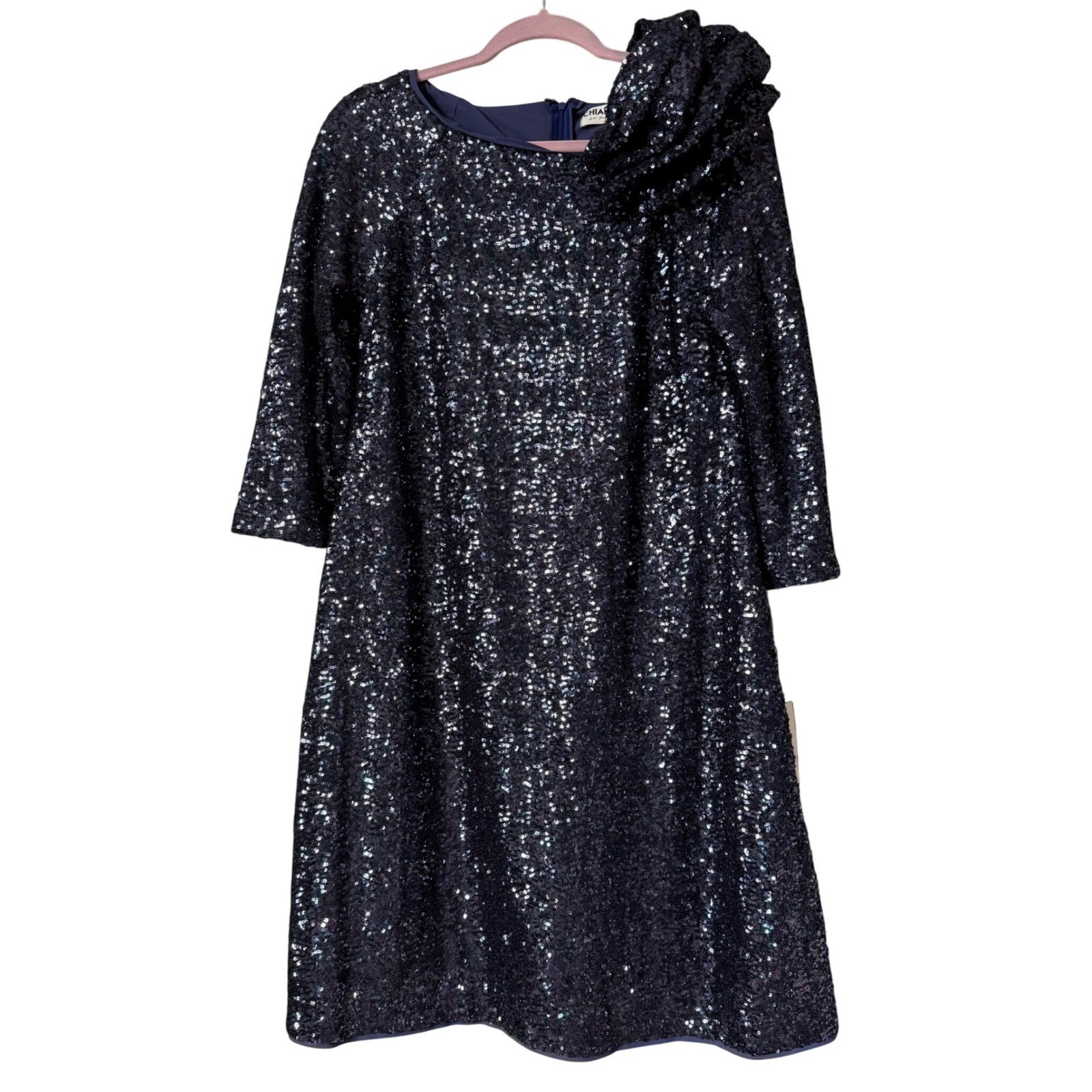 Chiara Boni La Petite Robe Sequin Ruffle Shoulder Dress Navy | IT 46 (US 10) NWT