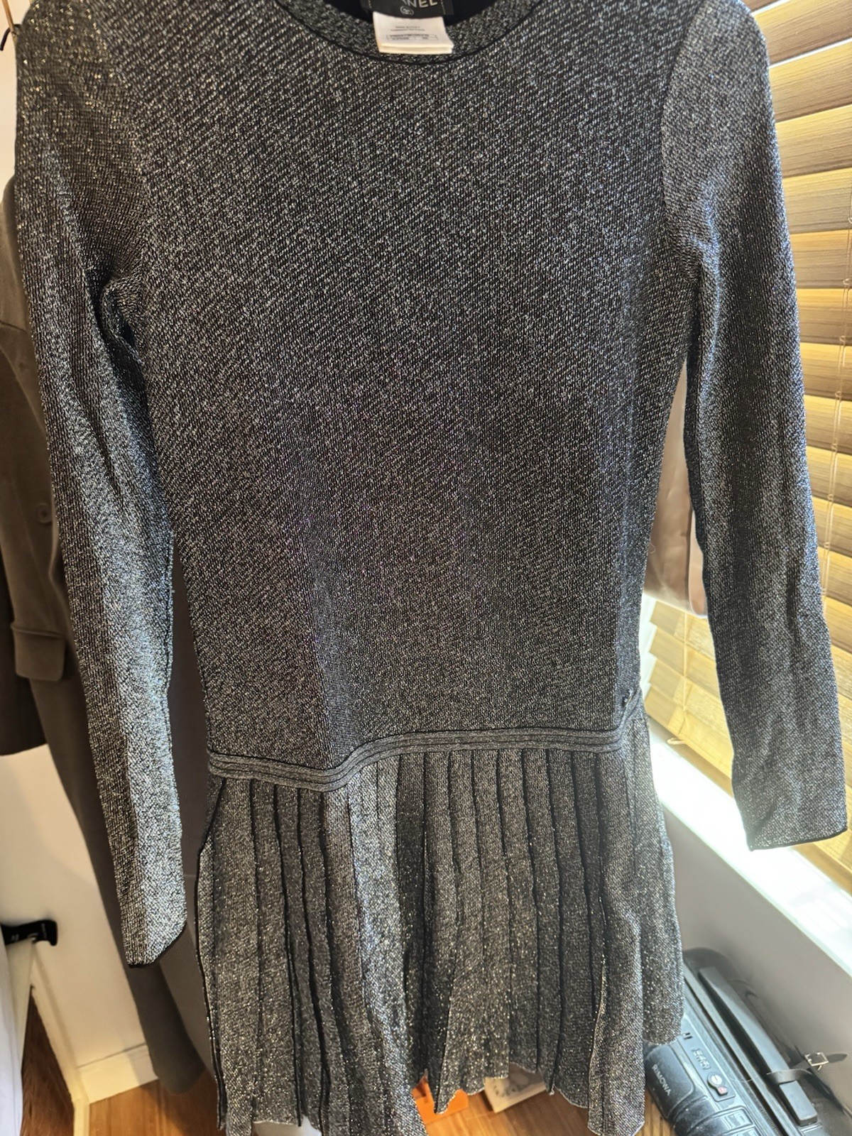 Chanel Shimmer Knit Dress With Cc Button And Drop Waist Pleated Skirt