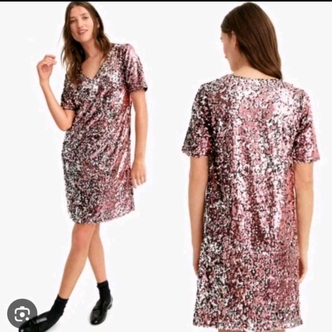 J. Crew x Universal Standard Silver Pink Sequin Dress Small Short Sleeve V Neck