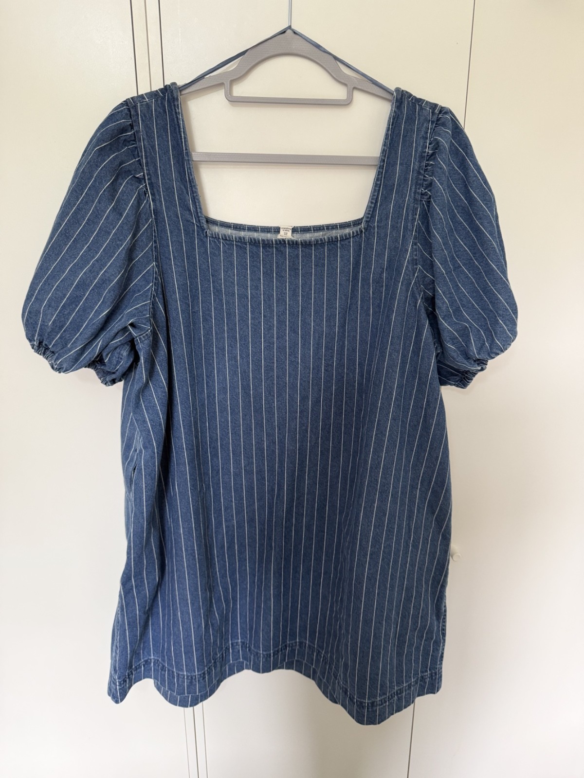 M&S Pure Cotton Denim Striped Mini Shift Dress Square Neck Puff Sleeve New Sz 20