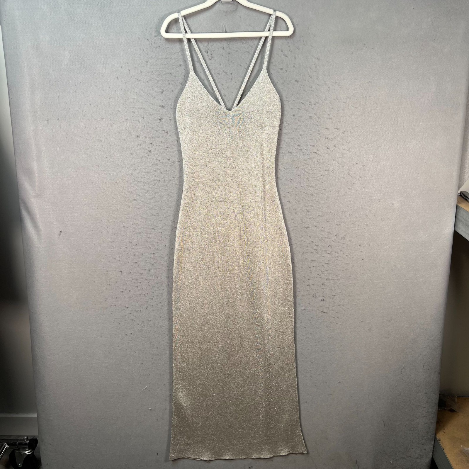 Mango Womens Size 4 Silver Metallic Spaghetti Strap Maxi Dress V Neck