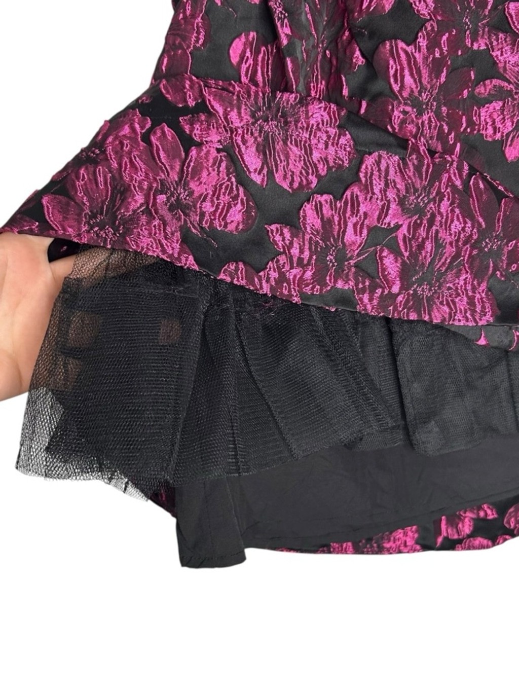 Amy Lynn Jaime ruffle sleeve mini dress with bow back pink floral jacquard Small