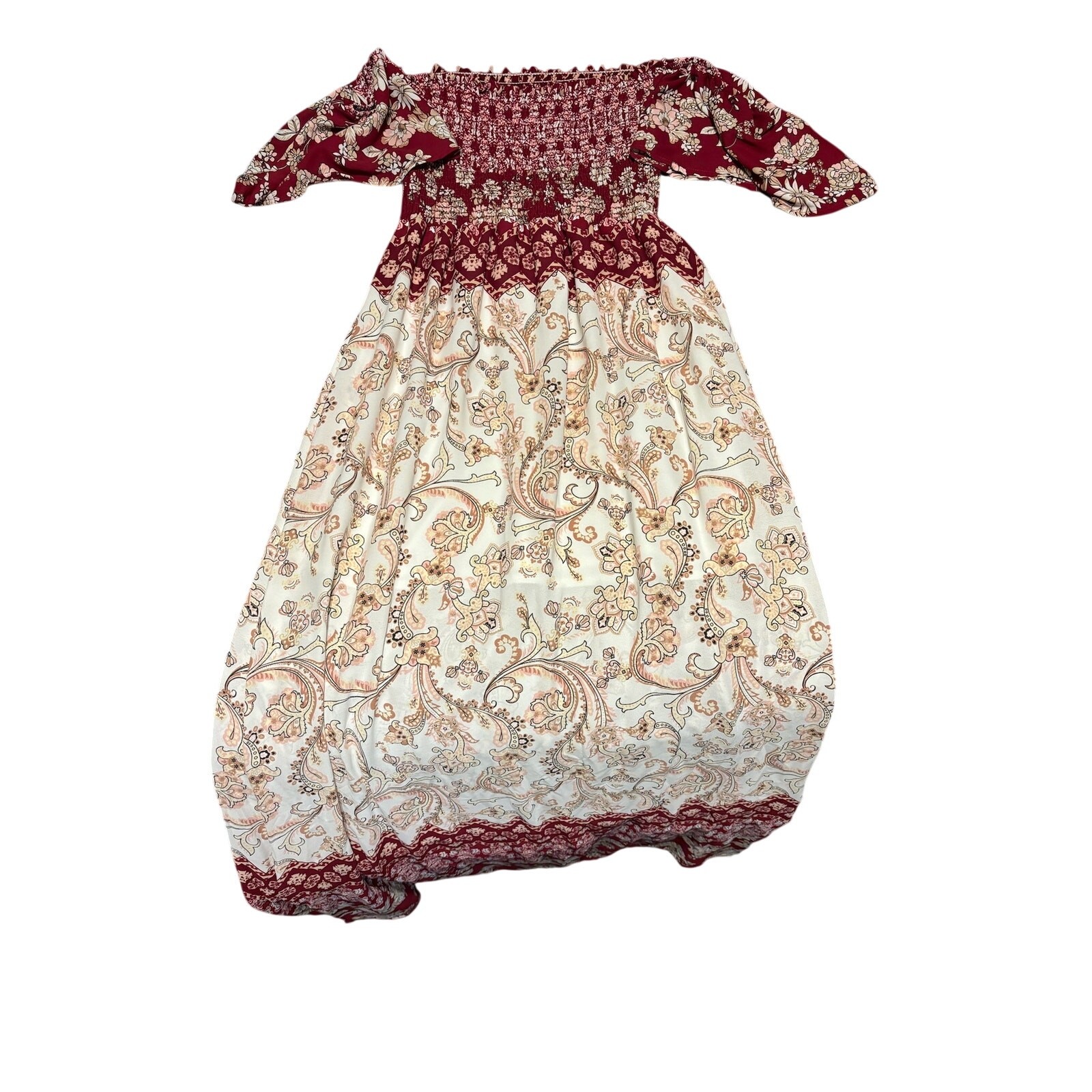 Altar’d State Womens Maxi Dress Medium Burgundy Cream Paisley Off Shoulder Boho