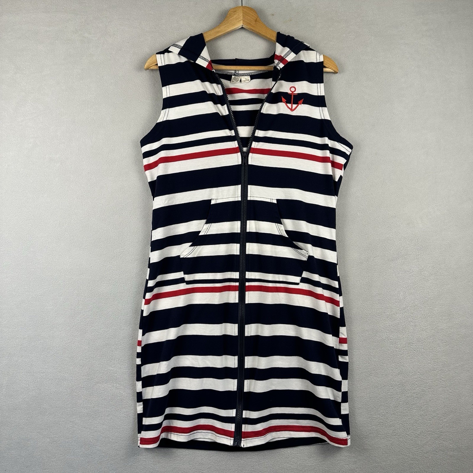Beach by Exist Zip Hooded Nautical Stripe Dress Sz Lg Navy Cover Up Embroidered