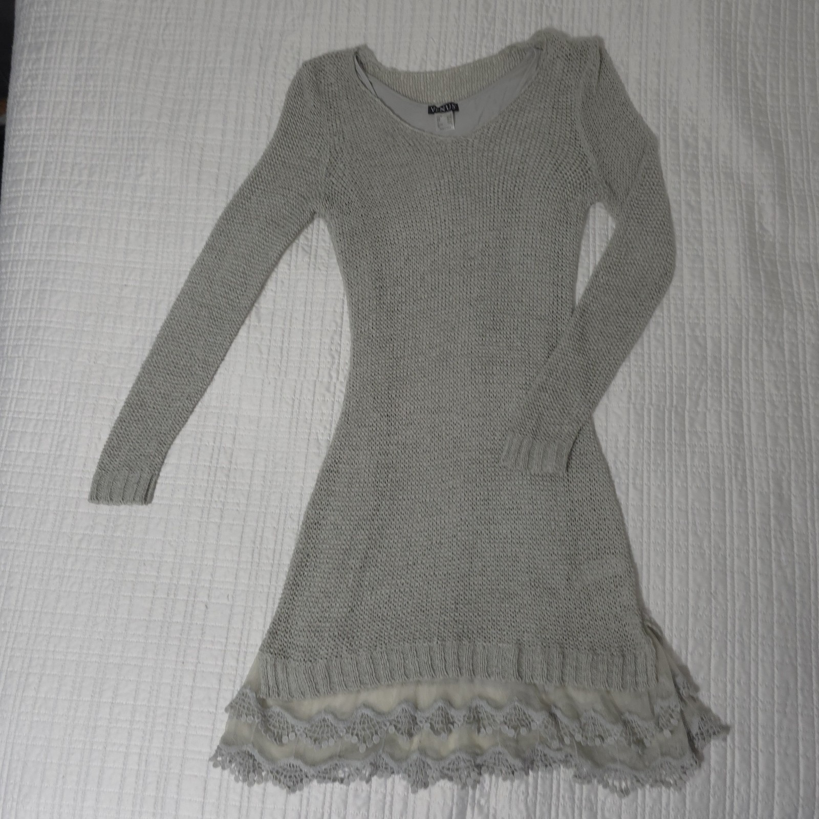 Venus Gray Open Knit Sweater Dress Womens S Layered Lace Mesh Boho Long Sleeve