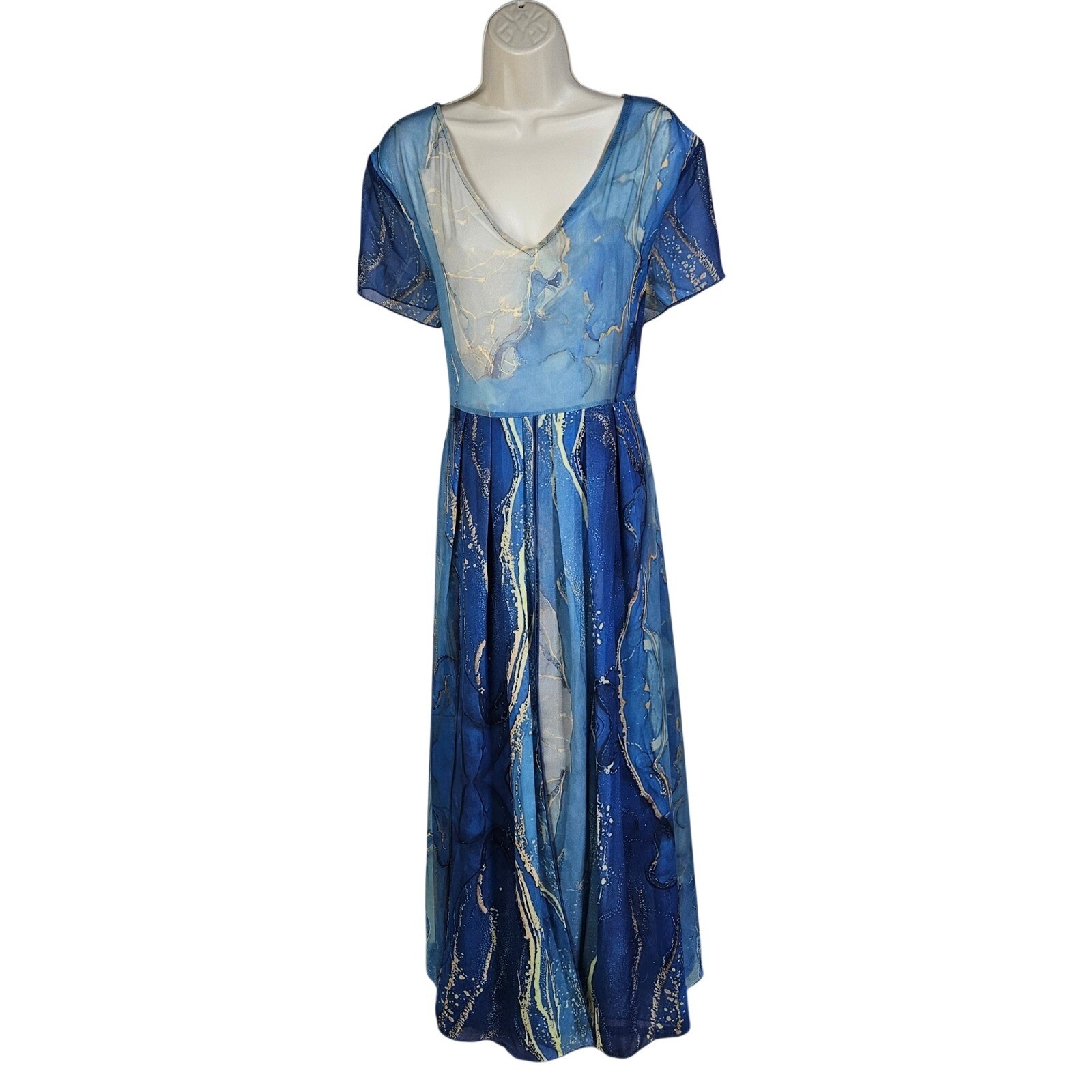 Blue Marble V-Neck Midi Dress XXL Flowy Abstract Geode Art Fairycore Celestrial