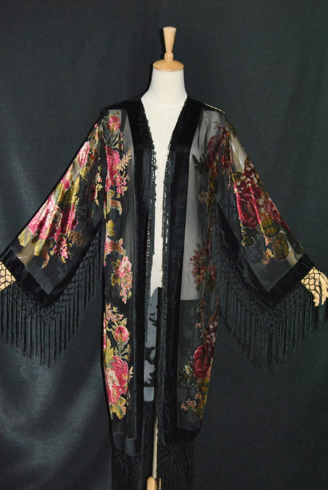 Art to Classic Eastern Flower Burnout Velvet Fringe Jacket Coat Kimono Duster