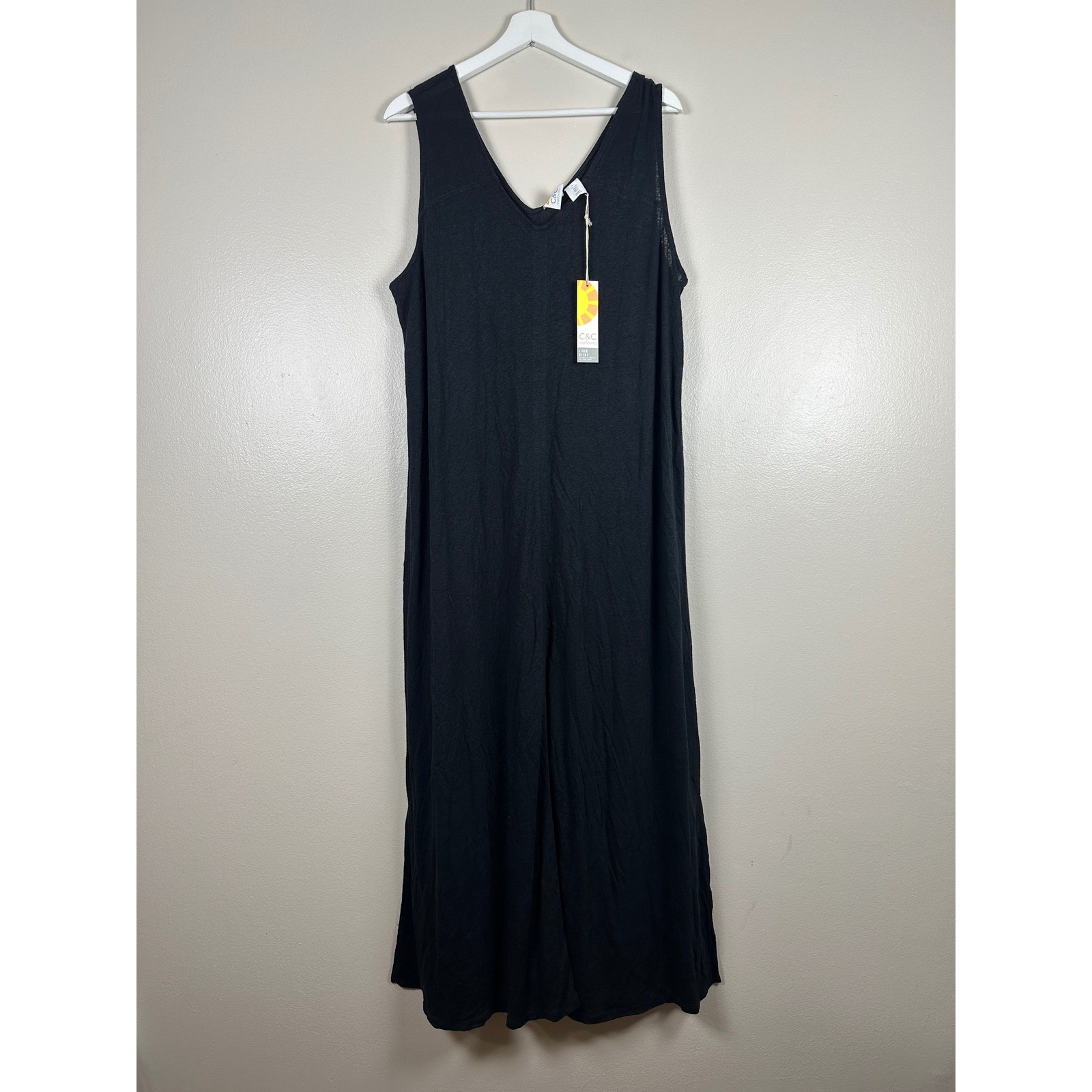 C&C California Women’s L Dress Black Linen Lyocell Sleeveless V-Neck Maxi NEW