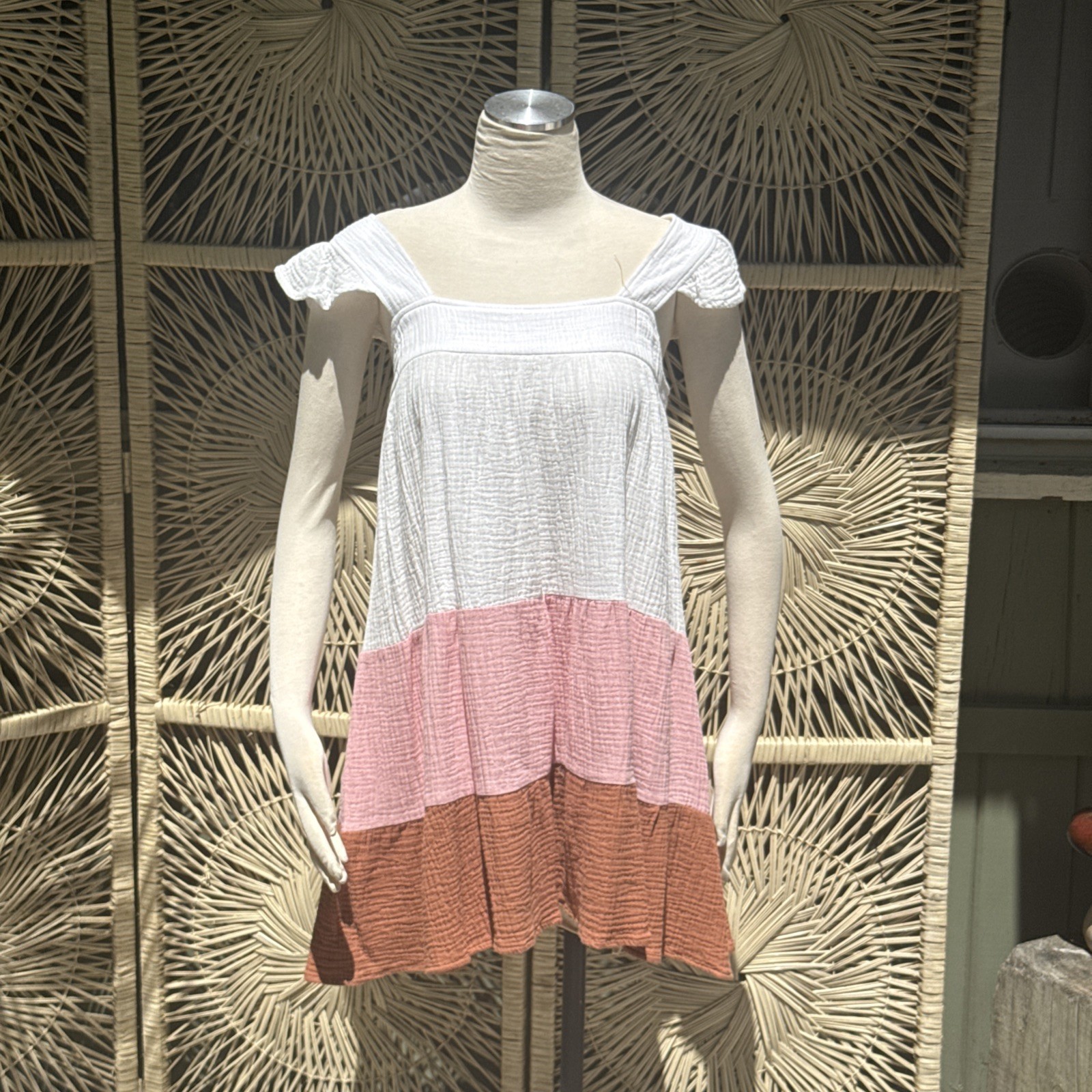 Lush Gauze Blush Dress Color Block Tiered Boho Festival Size Pockets Cotton