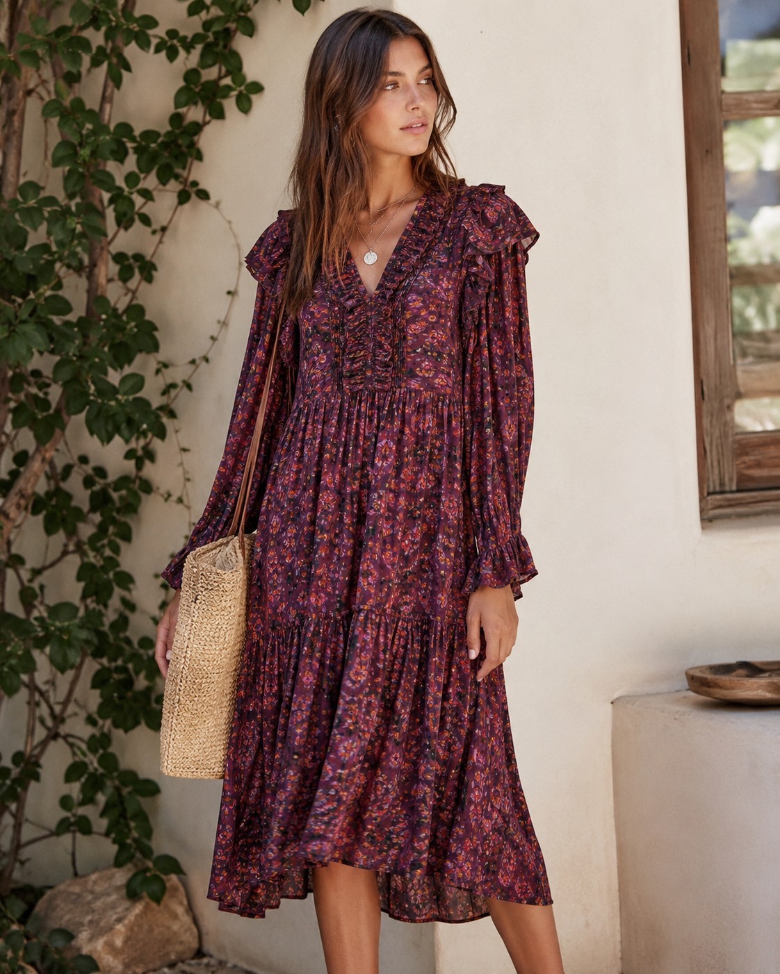 SEA New York Ilana Ikat V Neck Maxi Dress L NWT Ruffle Long Sleeve Boho $425