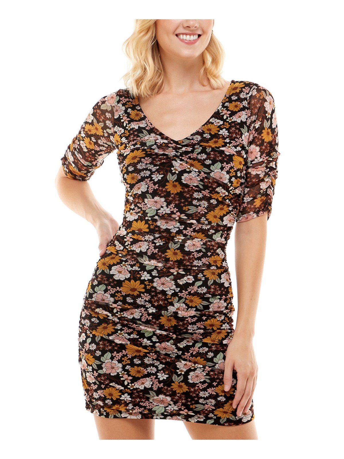 NO COMMENT Womens Body Con Dress Black Elbow Sleeve Pullover Lined Juniors S