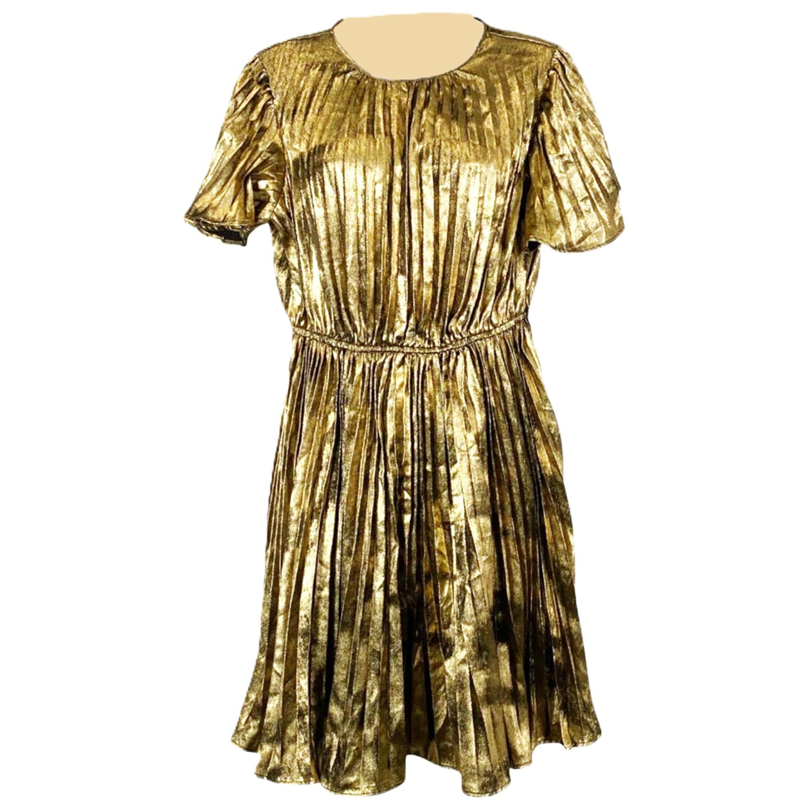 Sam Edelman Gold Pleated Foil Plissé Party Dress Size 12 *BELT MISSING* NWT