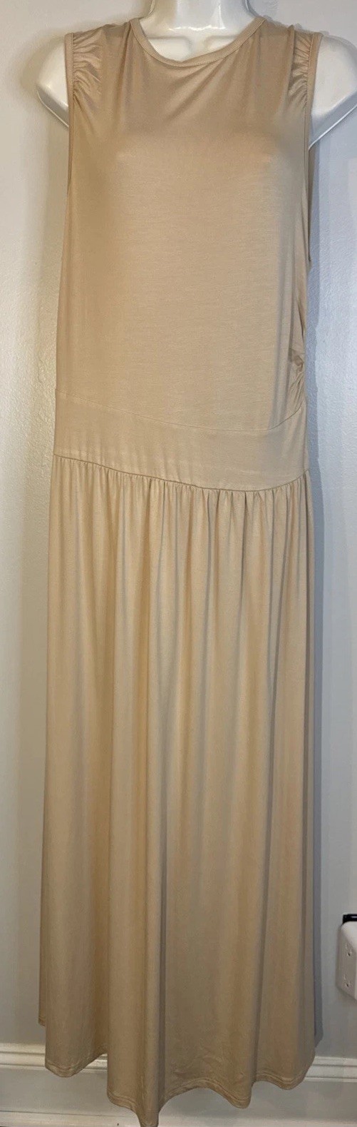 ZESICA NWT Women’s L Maxi Dress Long Beige Sleeveless Drop Waist Casual Stretch