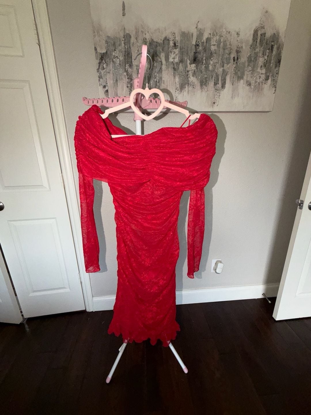 AFRM Fay Off-The-Shoulder Long Sleeve Lace Bodycon Mini Dress in Red