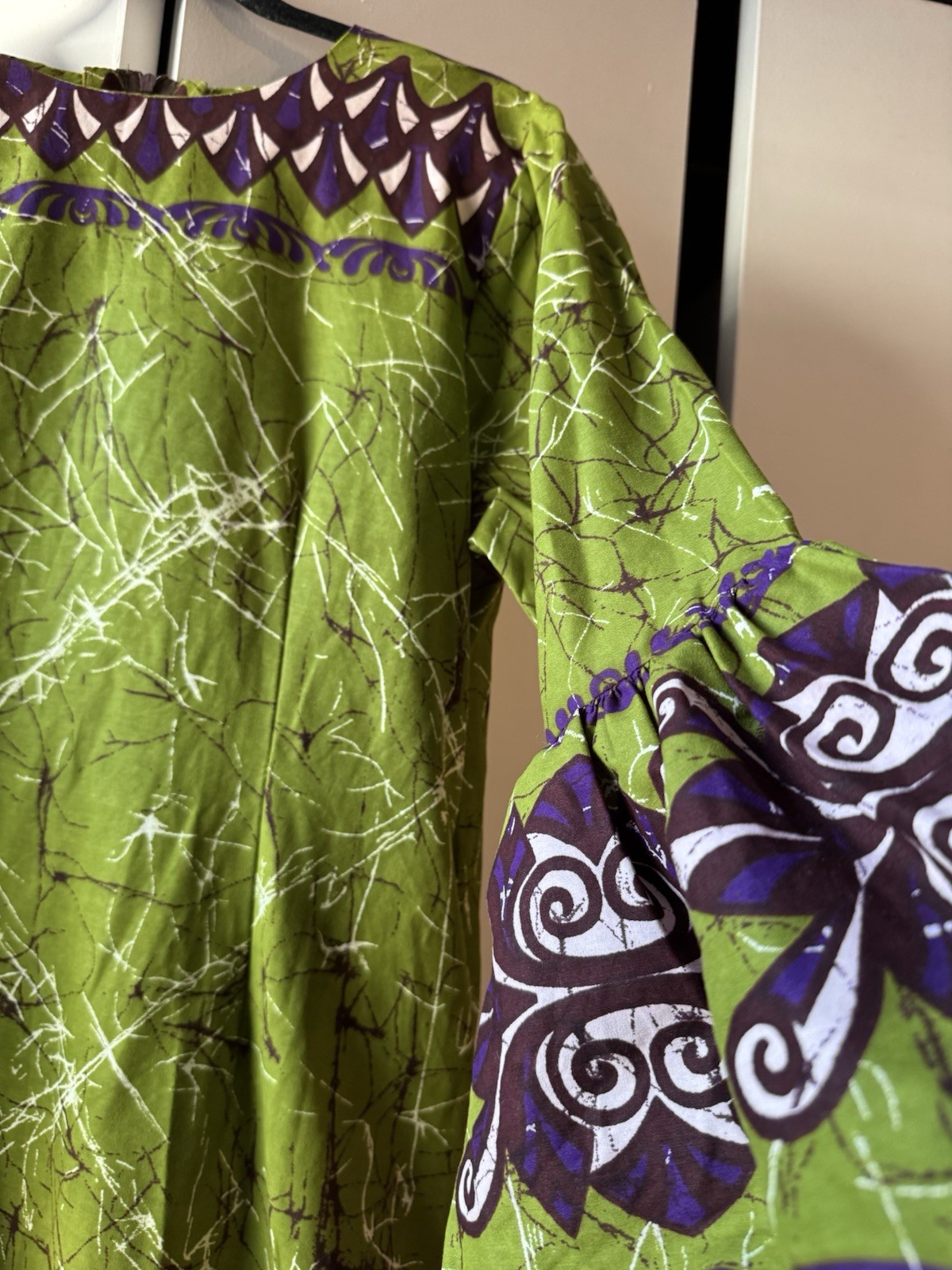 Anningtex Wax Nigerian Batik Cotton Shift Dress | Green & Purple Abstract