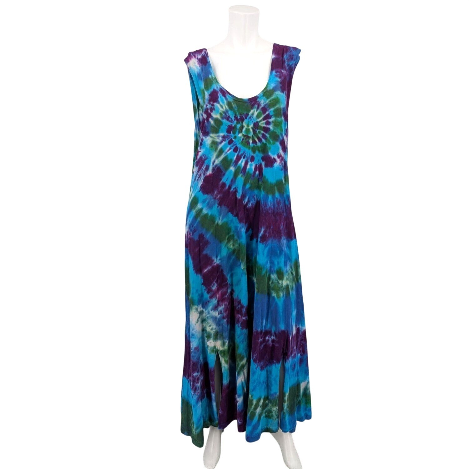 Vtg Tie Dye Maxi Tank Dress Hippie Festival USA Lagenlook Double Slit XXLarge