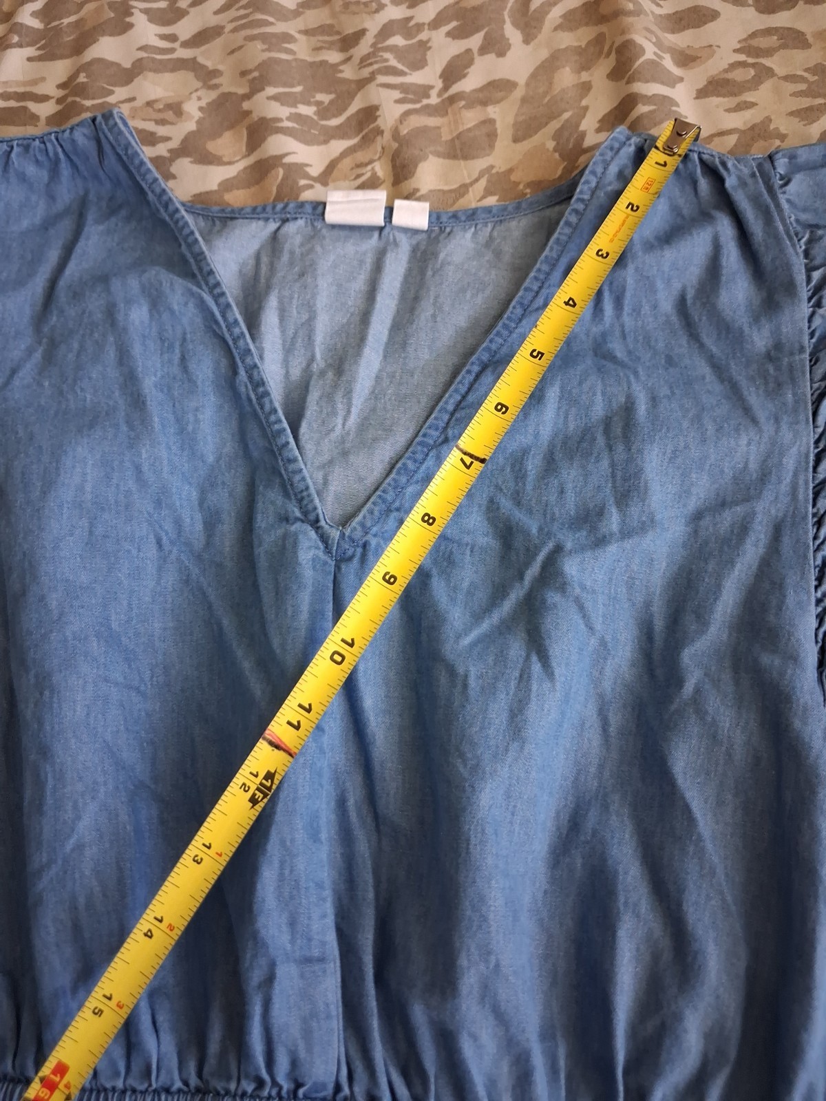 GAP Dress Womens L Petite Denim Chambray Mini Flare Tier Waist Tie Ruffle Vneck