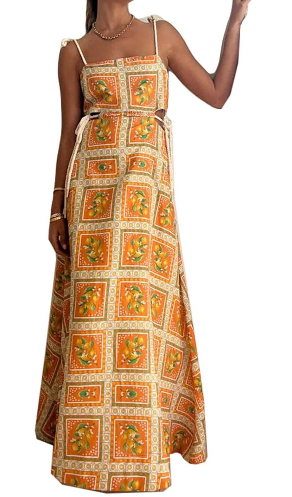 Women’s Sexy Spaghetti Strap Lace Up Printed Dress-SIZE S