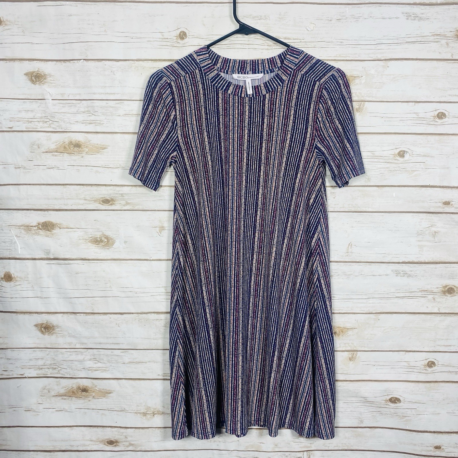 BCBGeneration Women T-Shirt Dress Striped Short Sleeve Shift Blue Pink Size S