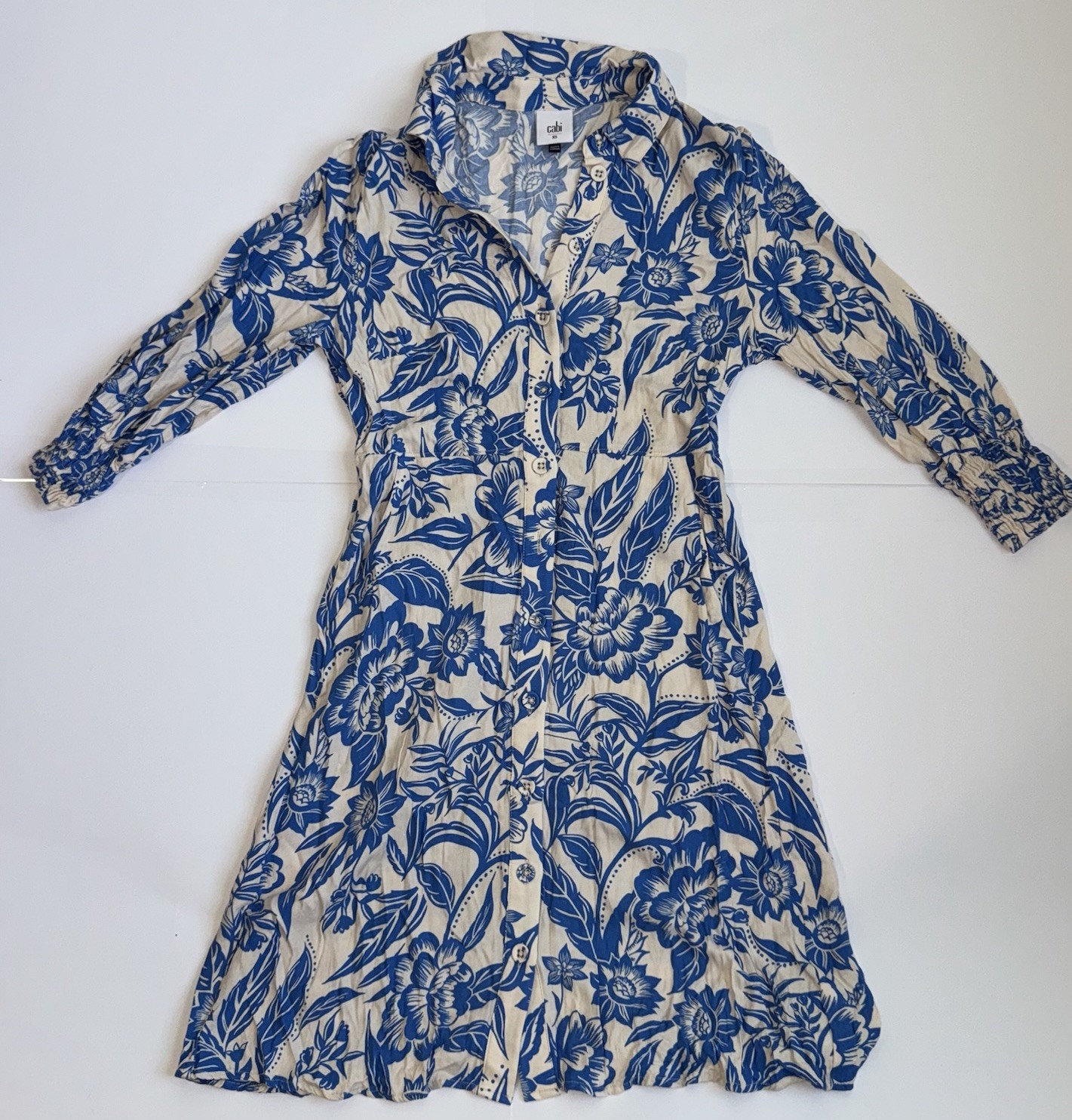 Cabi Women XS Blue Cream Floral Shirt Dress Button Front 3/4 Sleeve Pockets